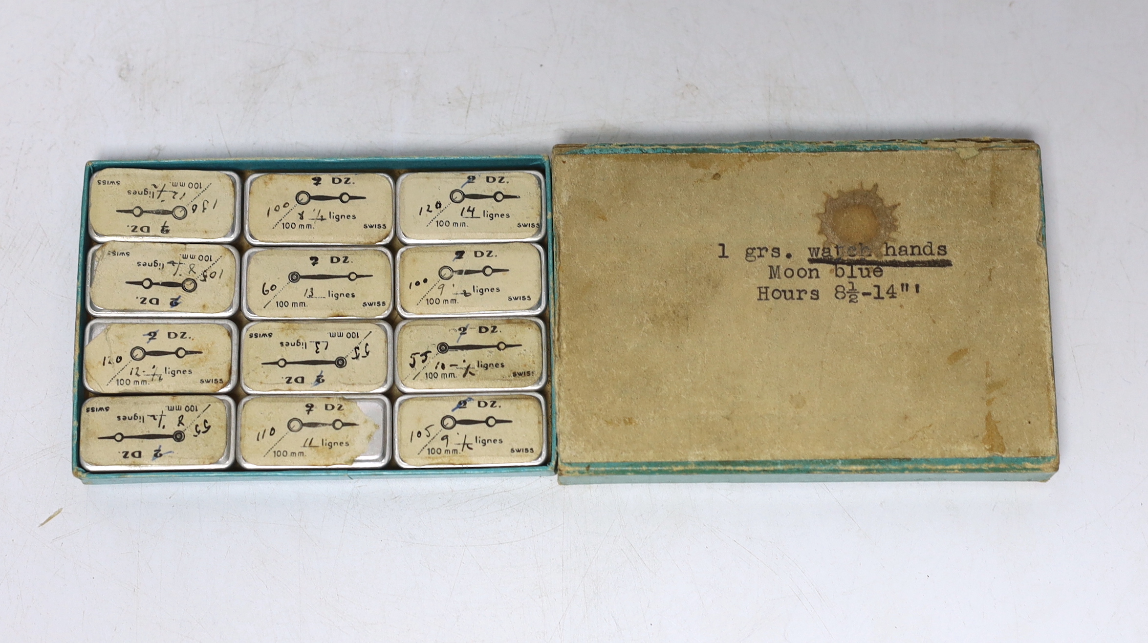 A sample box of vintage Swiss ‘Moon Blue Hours’ watch hands